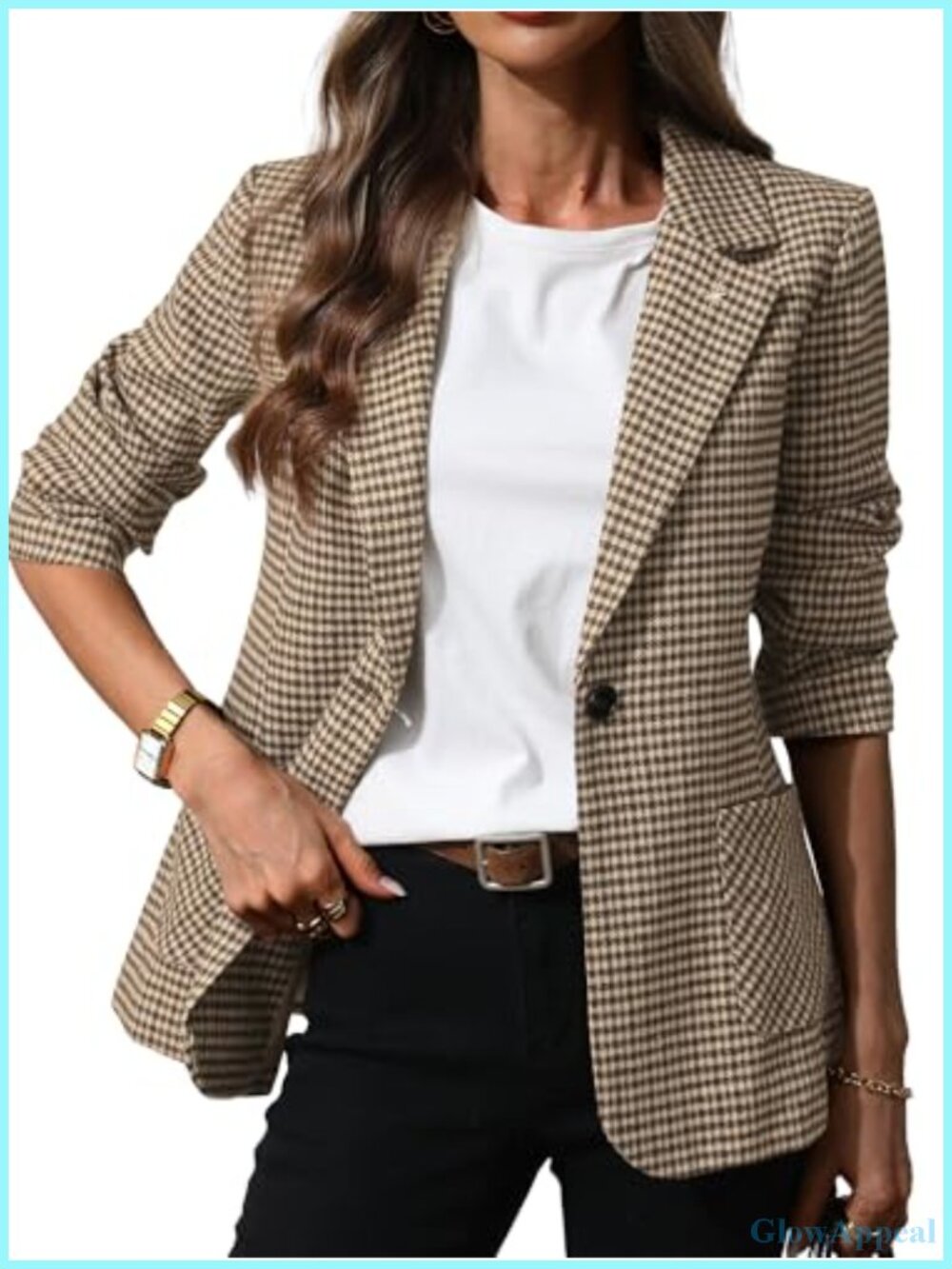 Women's Plaid Houndstooth Blazer with Embroidered Collar Business Casual